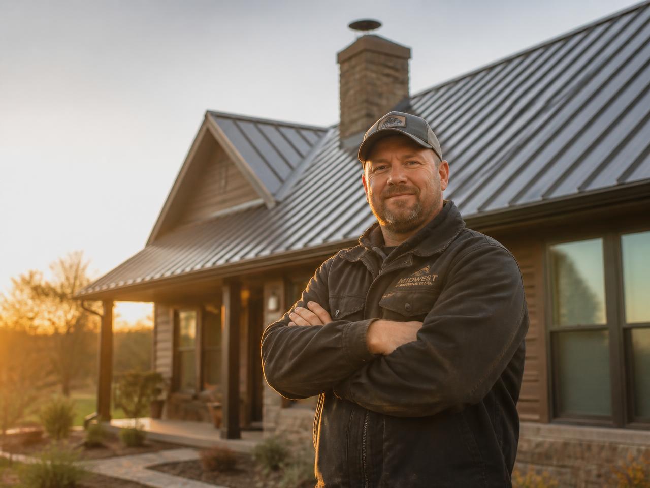 Herbolt Construction contractor in front of a finished metal roof